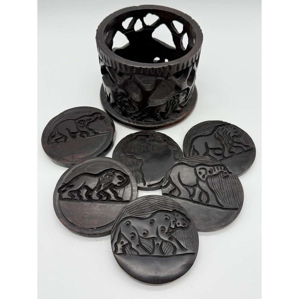 African Safari Hand Carved Ebony Wood Animal Coaster Set (6) with Holder